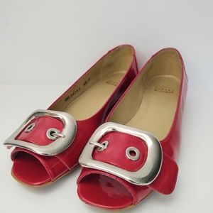 Stuart Weitzman Patent Leather Peep Toe Flats